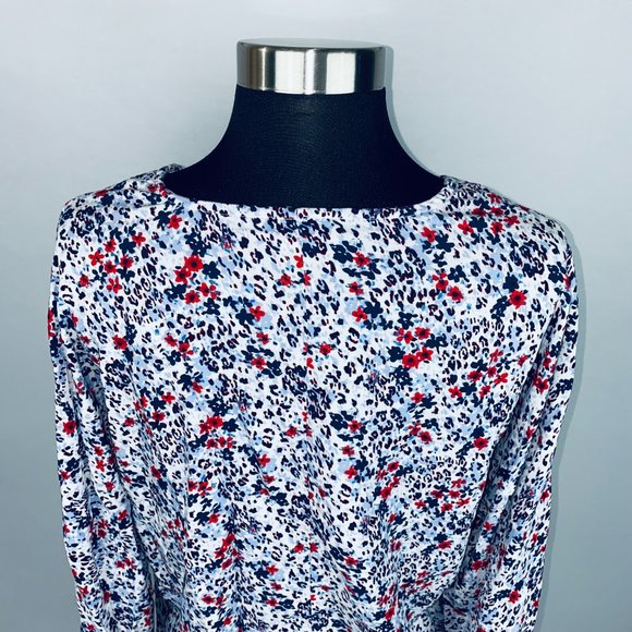 Beach Lunch Lounge Abstract Floral Print V Neck Tie Hem Top Blouse S - Picture 5 of 6